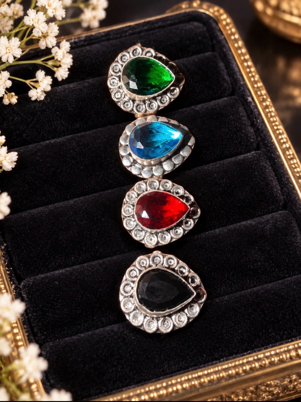 925 Silver Plated Teardrop Gemstone Ring – Green, Blue, Red or Black – Ch